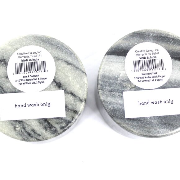 Marble Black & White Salt & Pepper Bowls Salt Cellar Set Natural Wood Covers - Picture 4 of 5